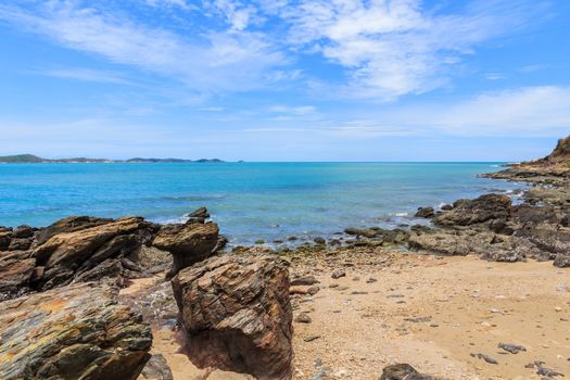 Sky with beautiful beach with rocks and tropical sea in Thailand.
