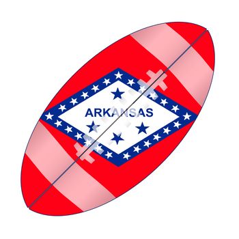 A typical american type foorball over a white background with the flag of Arkansas