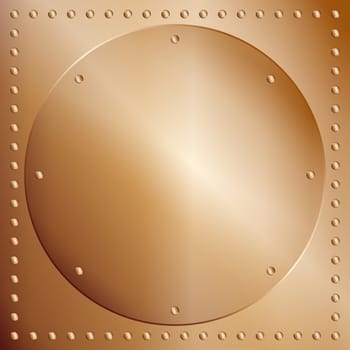 A bronze or copper plate background with a rivet border and circle of metal within