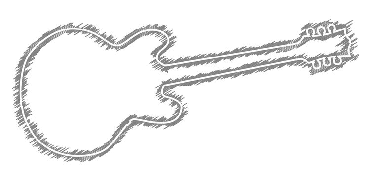 A black outline silhouette of a generic guitar shape with scribble otline on a white background