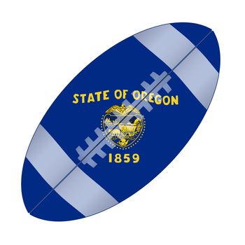 A typical american type foorball over a white background with the flag of Oregon