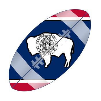 A typical american type foorball over a white background with the flag of Wyoming