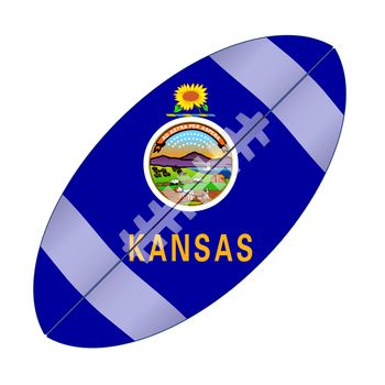 A typical american type foorball over a white background with the flag of Kansas