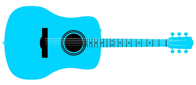 A typical acoustic guitar in blue isolated over a white background.