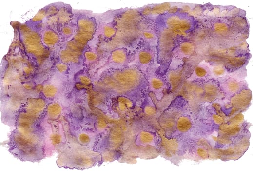 Purple and gold abstract background, hand-painted watercolor texture, splashes, drops of paint, paint smears. Design for backgrounds, wallpapers, covers, cards and packaging.