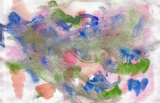 Pink, blue and green smudges background, hand-painted texture, watercolor painting, splashes, drops of paint, paint smears. Design for backgrounds, wallpapers, covers and packaging.