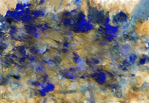 Gold and blue abstract background, hand-painted texture, splashes, drops of paint, paint smears. Design for backgrounds, wallpapers, covers and packaging.