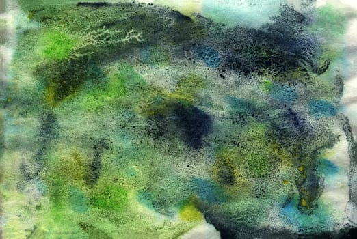 Blue and green hand-painted texture, watercolor painting, splashes, drops of paint, paint smears. Design for backgrounds, wallpapers, covers and packaging.