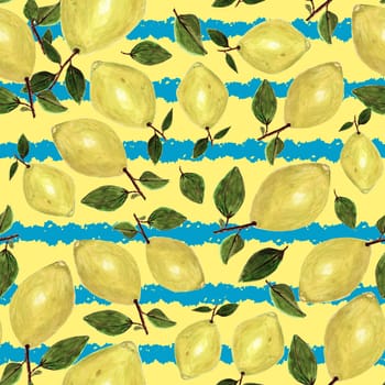 Seamless pattern with hand painted lemons and leaves. Blue stripes on yellow background. Repeat design for t-shirt, greeting cards, wrapping paper, posters, fabric print.