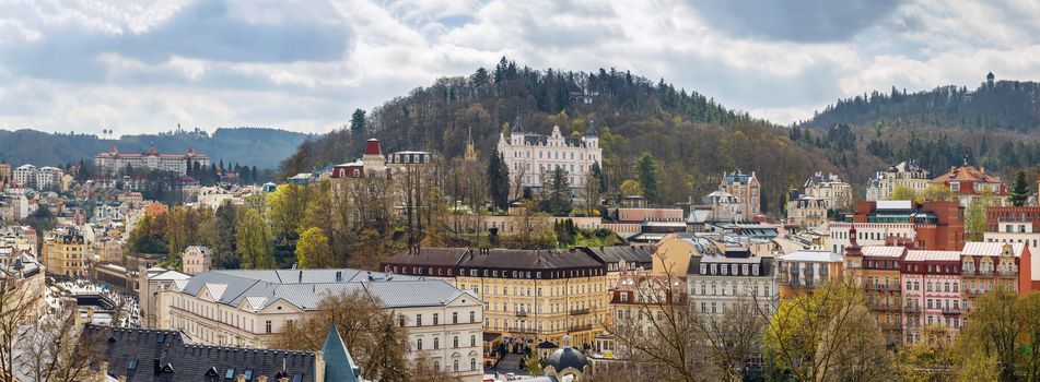 Panoramic view of historical center of Karlovy Vary from hill, Czech republic