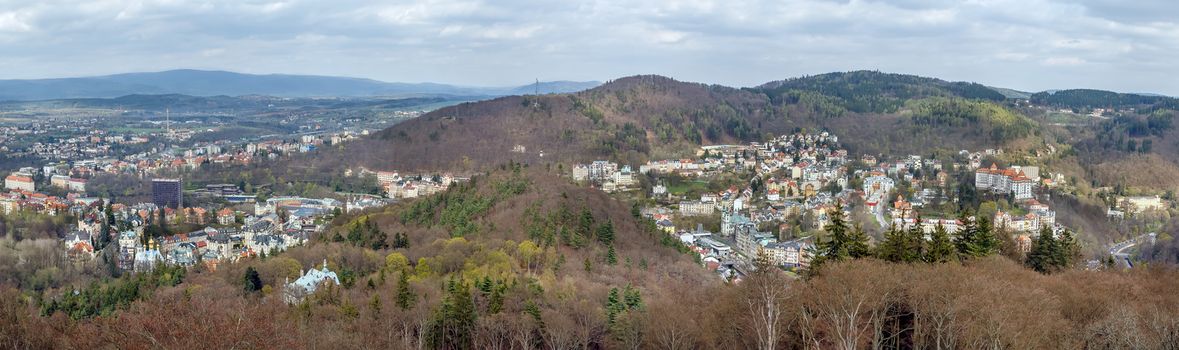 Panoramic view of Karlovy Vary from Diana observation tower on hill, Czech republic