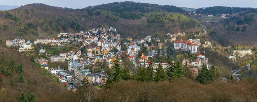 Panoramic view of Karlovy Vary from Diana observation tower on hill, Czech republic