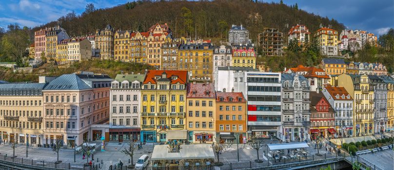 Historical houses along Tepla river in city center of Karlovy Vary, Czech republic