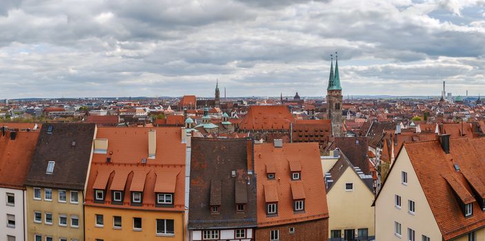 Panoramic view of Nuremberg historic center from castle wall, Germany
