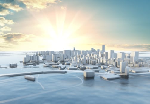 3D illustration. Futuristic City in sunny day. Sky background