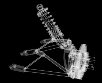 X-ray Car suspension and brake disk on black background, 3d illustration