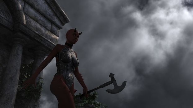 Female demon in old spooky mausoleum in moonlight - 3d rendering