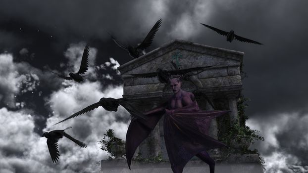 Fallen angel satan in old spooky mausoleum in moonlight - 3d rendering