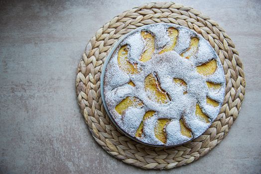 Russian charlotte decorated with peach slices and and icing sugar with empty space for text