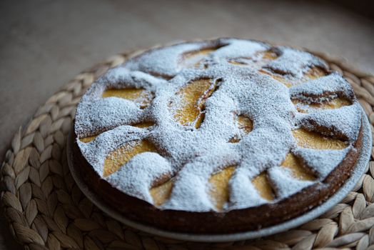 Russian charlotte decorated with peach slices and and icing sugar with empty space for text