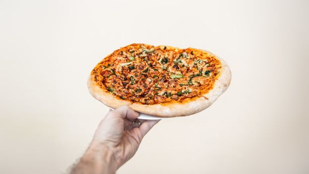 hand hold pizza isolate on white background.