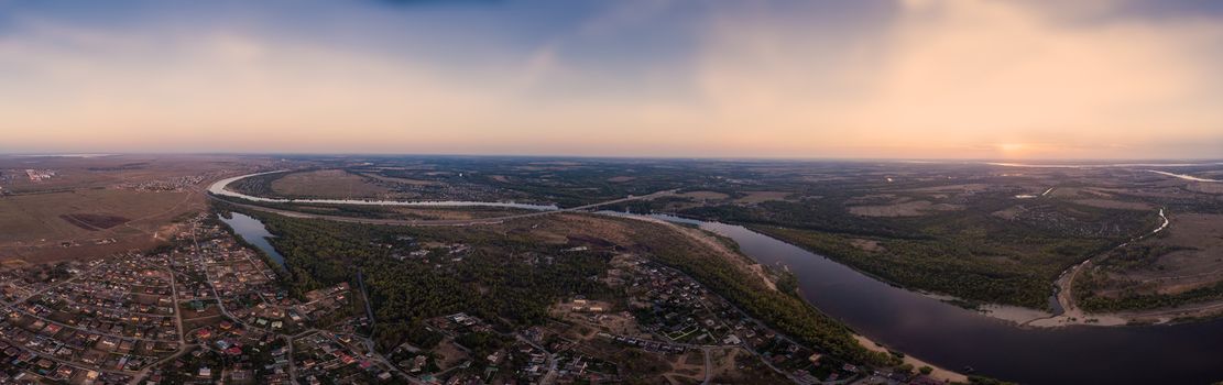 Aerial view on river and town. Panorama 360