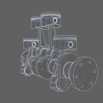 Engine pistons outline. 3D illustration. White lines and grey background