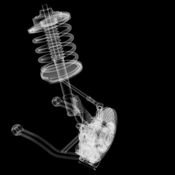 X-ray Car suspension and brake disk on black background, 3d illustration