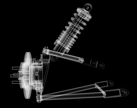 X-ray Car suspension and brake disk on black background, 3d illustration