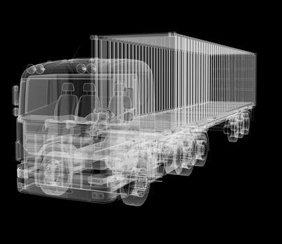 X-ray of heavy truck with semi-trailer on black background. 3D illustration