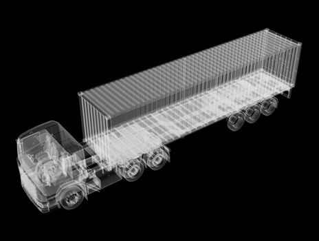 X-ray of heavy truck with semi-trailer on black background. 3D illustration