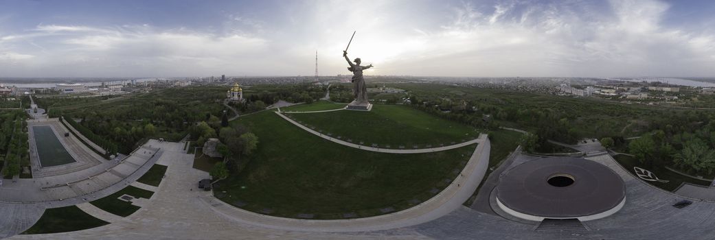 Panorama of Mamaev Kurgan 360. Volgograd, Russia 2018: The memorial ensemble - Heroes of Stalingrad Battle. Virtual set for News station, Virtual studios