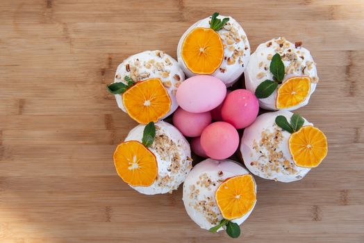 Easter, Easter cake with a complex composition, beautiful scenery, dried fruits.