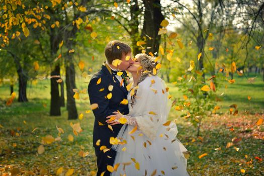 a kiss of a newly-married couple in an autumn park.