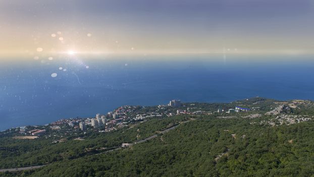 Foros, Crimea - August 2015: View from the mountain Kyzyl-Kaya to Foros settlement, Southern coast of Crimea