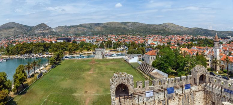 Panoramic view of Trogir and the mountains behind it from Kamerlengo fortress, Croatia