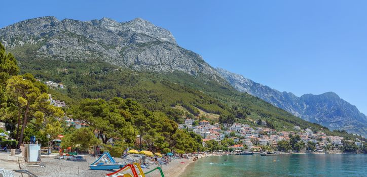 Panoramic view of Brela with mountains in the background, Croatia