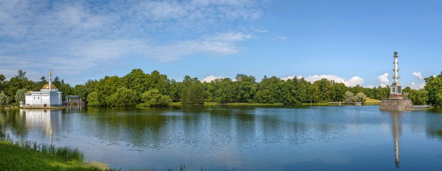 Panoramic view of the Great Pond with Turkish bath and Chesme Columnv in Catherine Park, Tsarskoye Selo, Russia