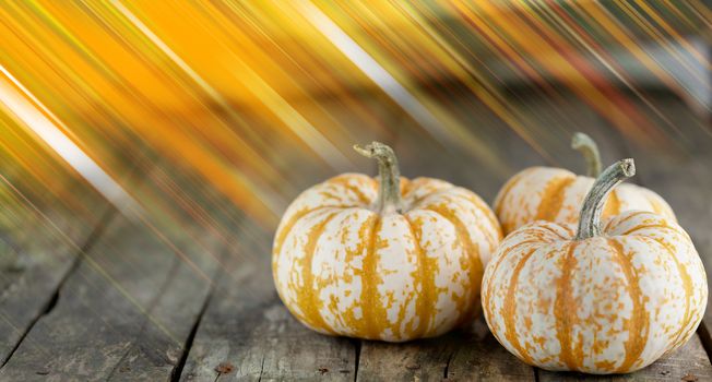 Three striped yellow pumpkins on dark wooden background , Halloween concept