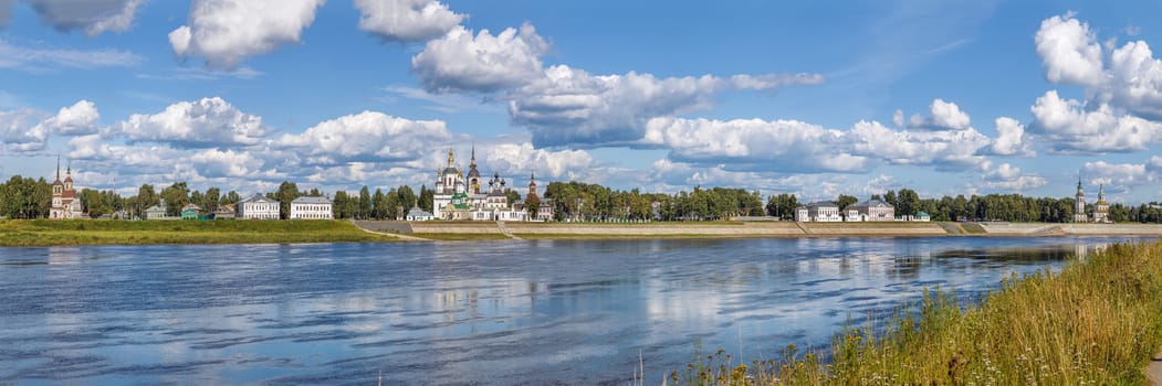 Panoramic view of Historical centre of the Veliky Ustyug from Sukhona river, Russia