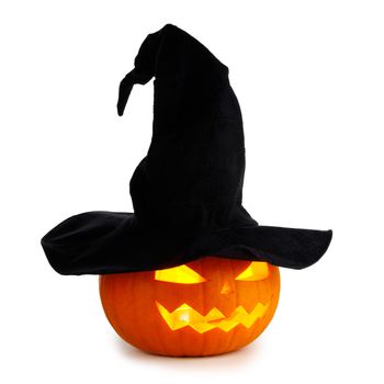 Jack O Lantern Halloween pumpkin with witches hat isolated on white background