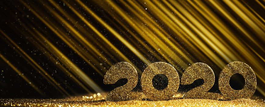 2020 New Year luxury design concept. Golden 2020 New Year horizontal template with golden glitter on black backgound
