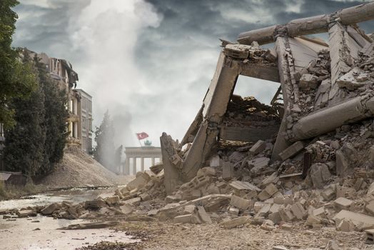 View on a collapsed concrete industrial building with German Brandenburg gate behind and Turkish flag above. Dark dramatic sky above. Damaged house. Scene full of debris