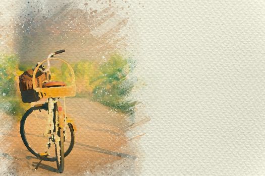 Bicycle parked on the wayside. Digital watercolor painting effect. Copy space for text.