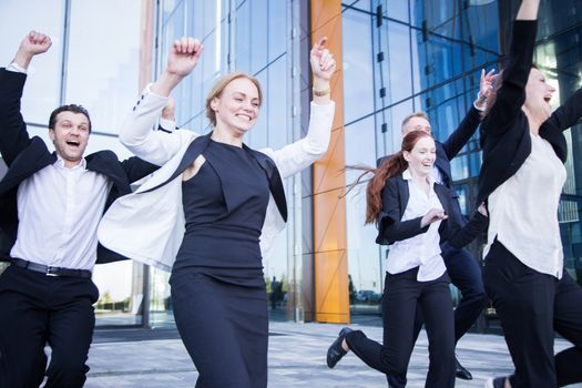 Happy running business people, success, freedon, vacation concept