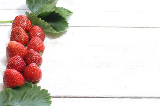 The pictureshows a strawberry border on white wooden boards.