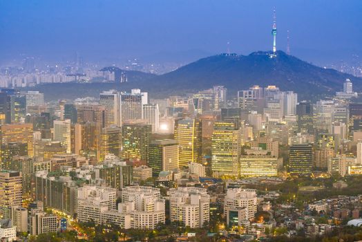 Aerial Sunset and Night view of Seoul Downtown cityscape with Seoul Tower in South Korea