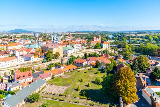 Aerial view of Litomerice from cathedral bell tower on sunny summer day, Czech Republic.