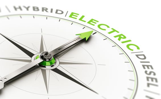 3D illustration of a compass with needle pointing the word electric. Concept of vehicle type choice.