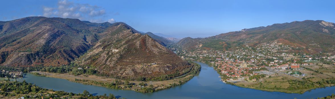 Panoramic view of Kura and Aragvi rivers merge from Jvari Monastery hill, Georgia